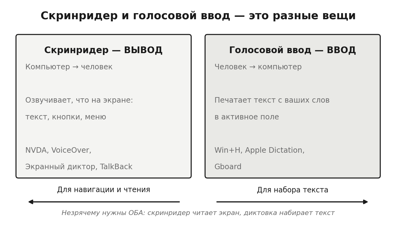 Схема: скринридер это вывод (компьютер озвучивает экран), голосовой ввод это ввод (диктовка набирает текст).
