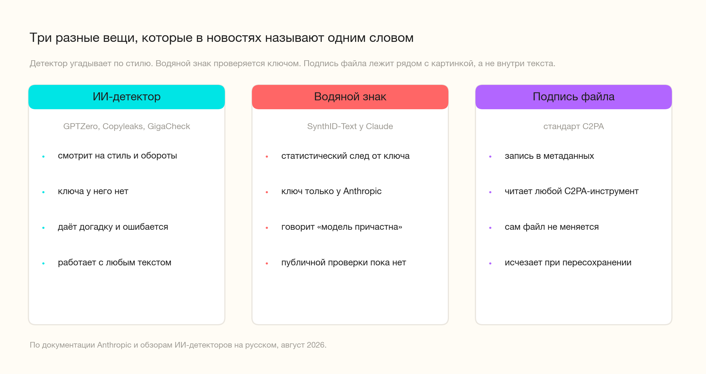 Три механизма, которые в новостях слиплись в один: детектор по стилю, водяной знак с ключом и подпись файла C2PA.