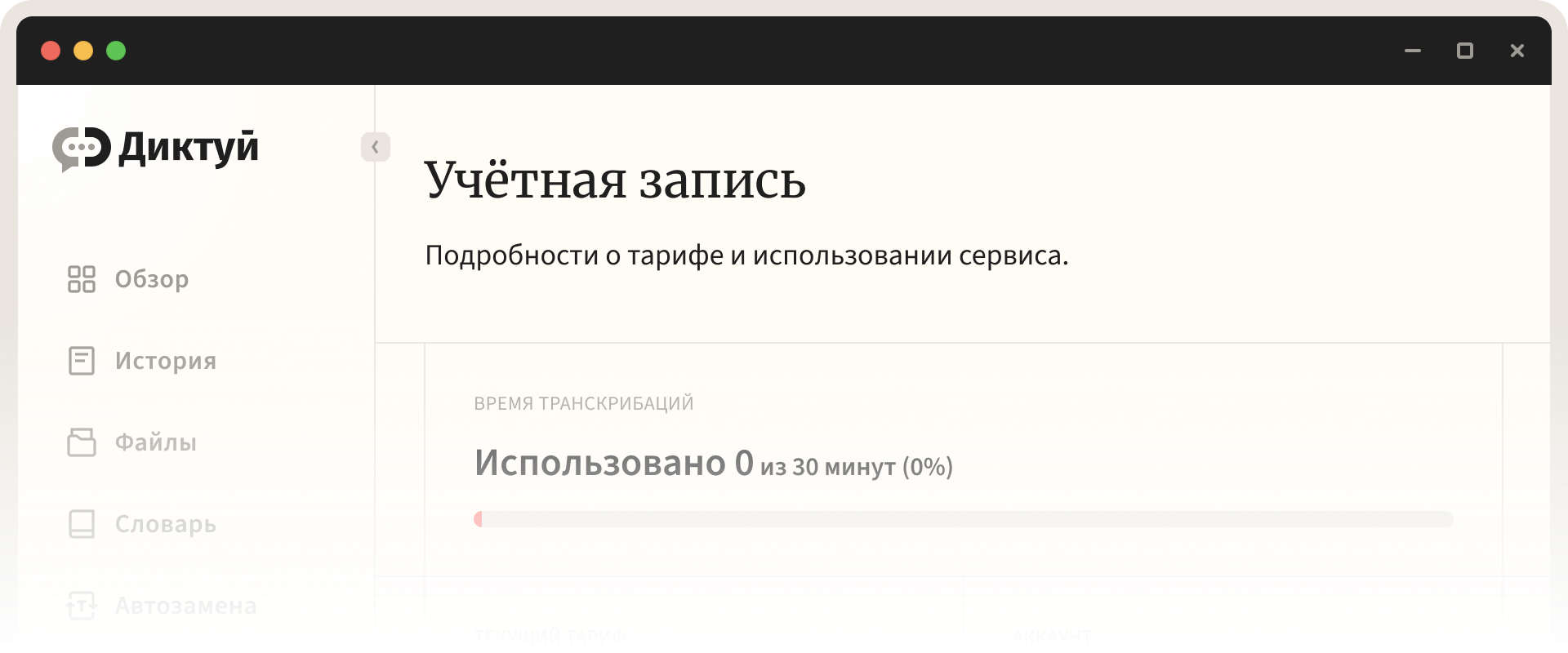 Интерфейс приложения «Диктуй» — экран «Учётная запись»